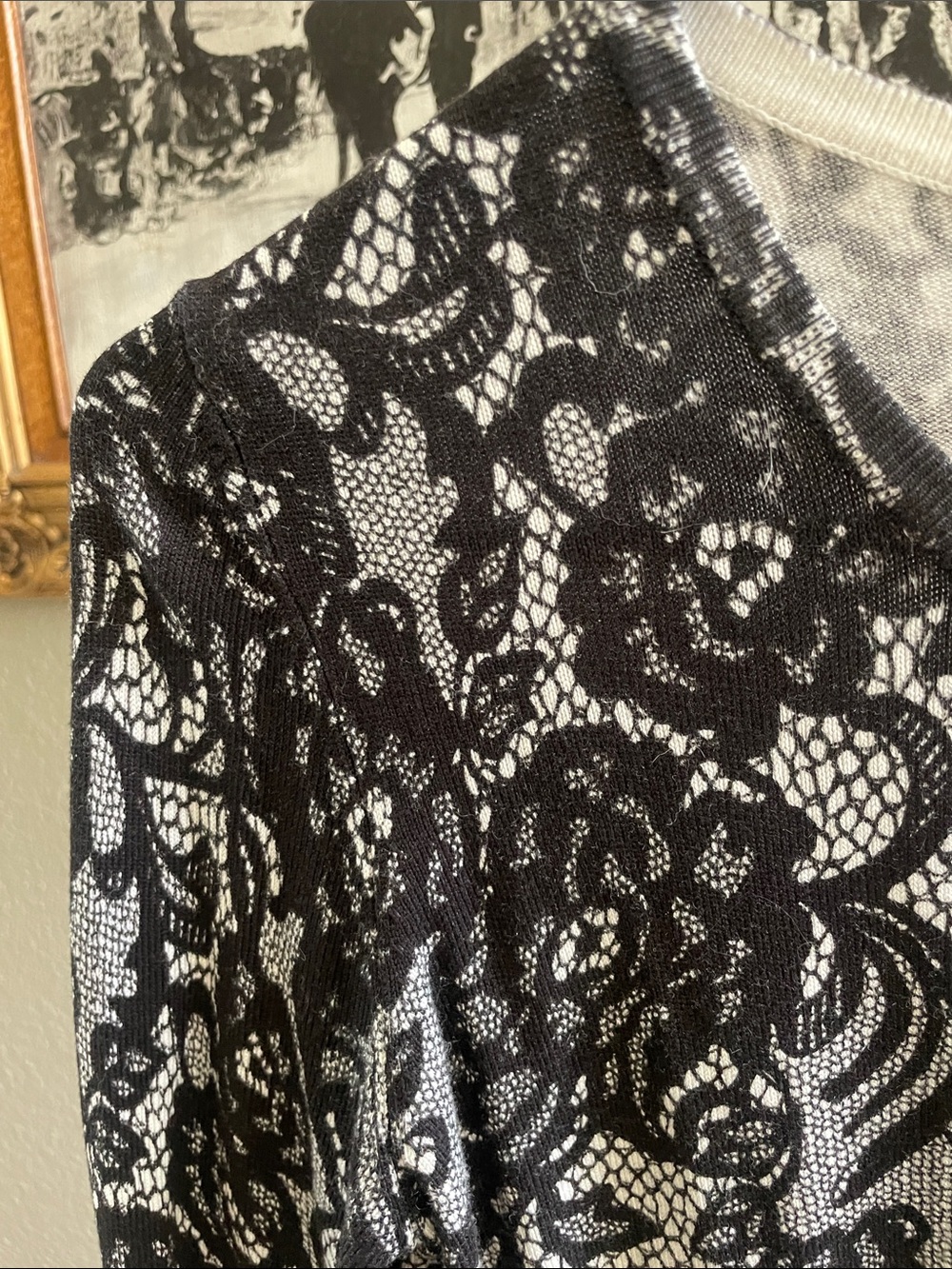 White House Black Market Black & White Lace-Overlay Button Front Top - Picture 3 of 10